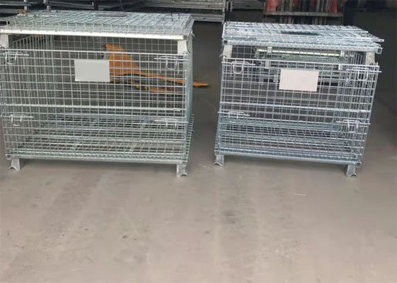 Galvanized Storage Box 6.4mm Metal Pallet Cage With Feet / Foldable Wire Frame